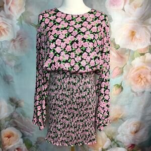 NWT Zara Pink & Black Floral Rose Smocked Skirt Long Sleeve Dress